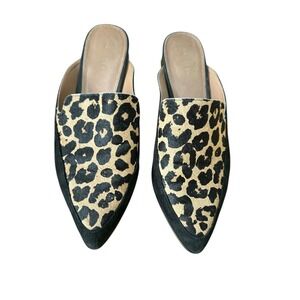Halogen Leopard Print Calf Hair Pointed Toe Mules Black Tan Low Block Heel 7.5M